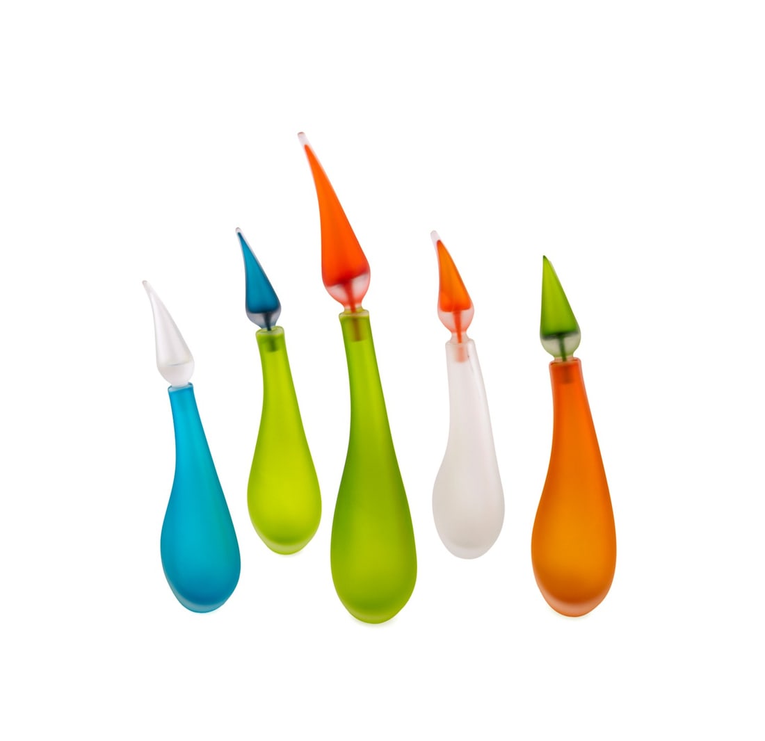 COLIN HAWKINS, 5 'FLAME' DECANTERS WITH STOPPERS (1 of 13)