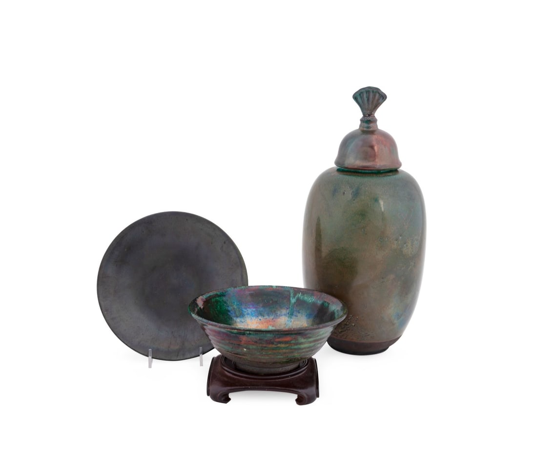 TONY EVANS, 3 PCS RAKU POTTERY, VASE AND BOWLS (1 of 13)