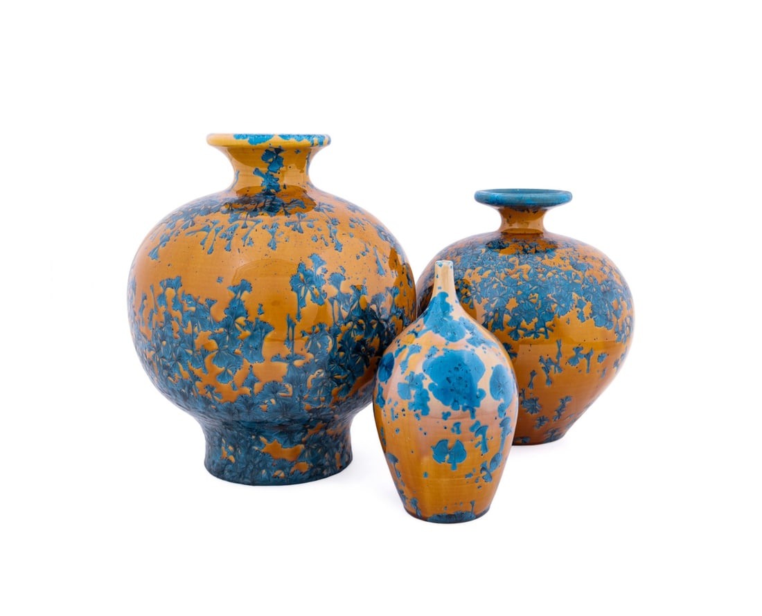 EVAN DAVIS, THREE POTTERY CRYSTALLINE GLAZED VASES (1 of 8)