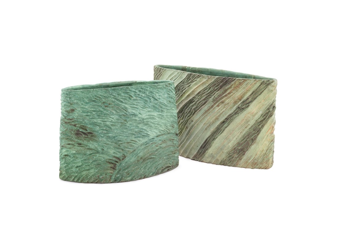 JEFF MINCHAM, TWO STUDIO POTTERY VESSELS: Jeffery "Jeff" Mincham (Australian, born 1950). Two Studio Pottery Vessels. "Windswept Hillside" (shorter) - 2007, glazed earthenware, signed and dated to the underside. "Foliar Stata" (taller) - 2009