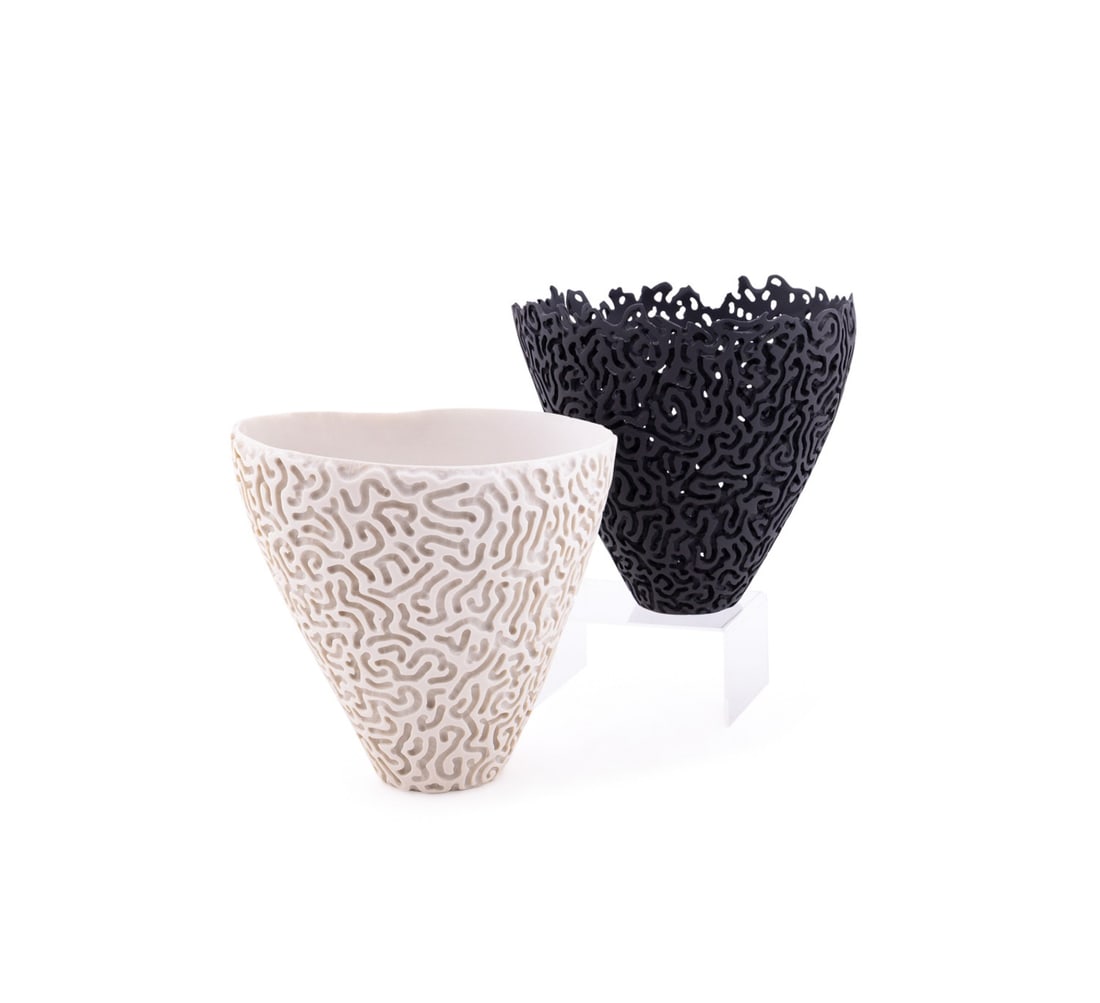 ROBIN BEST, TWO MODERN ORGANIC PORCELAIN BOWLS: Robin Best (Australian, born 1953). Untitled - Two Organic Bows, Black and White - 2001, engraved bisque porcelain, signed and dated to the underside. Approximate dimensions: white bowl h. 6.75", w. 7
