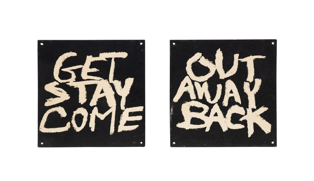 RICHARD NONAS 'GET OUT, STAY AWAY, COME BACK' 1982: Richard Nonas (American, 1936-2021). "Get Out, Stay Away, Come Back" diptych - 1982, enamel screenprint on thin metal plates, ink signed, dated, and numbered 72/90 to verso. Unframed. Provenance: Priv