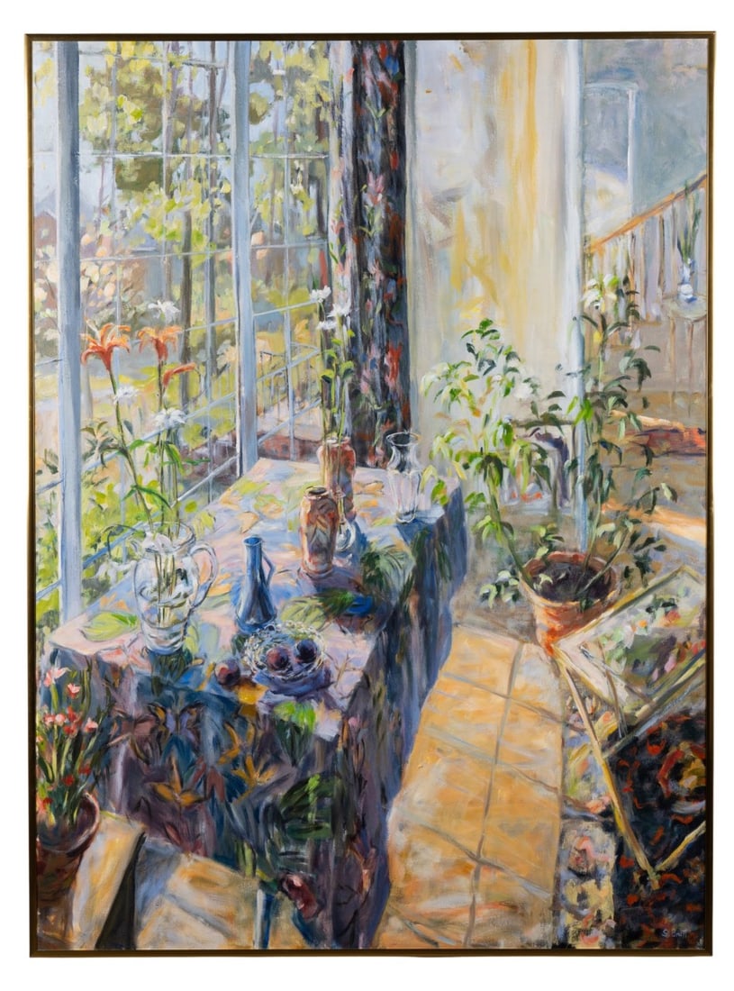 SANDRA BRETT, INTERIOR SCENE, OIL ON CANVAS: Sandra Brett (American, 20th / 21st Century). Untitled -late 20th century, oil on canvas, view of domestic interior depicting a grouping of potted houseplants and floral arrangements atop a table
