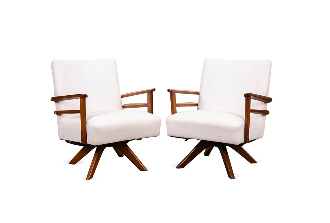 PAIR OF MID CENTURY UPHOLSTERED SWIVEL ARMCHAIRS (1 of 6)