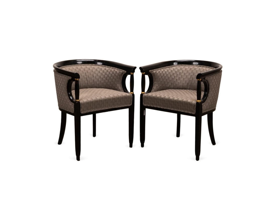 PAIR OF BLACK HOLLYWOOD REGENCY BARREL CHAIRS (1 of 5)
