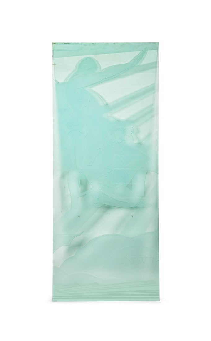 DENNIS ABBE MONUMENTAL GT SPORTS GLASS PANEL: Dennis Abbe (American, born 1941). Untitled - Figural Sports Scene with a Swimmer and Tennis Player, double paned colorless and frosted glass, partial inscription "... Now th" to LL, apparently unsign