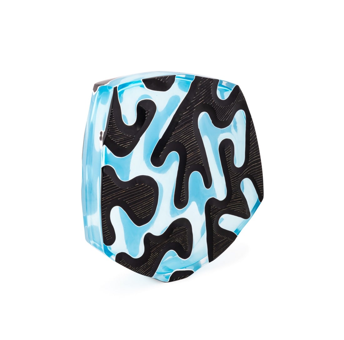 ETHAN STERN, 'INKY CAMO', GLASS SCULPTURE, 2011: Ethan Stern (American, born 1978) "Inky Camo" - 2011, blown, wheel-carved cameo / layered glass, signed and dated to the underside. Approximate dimensions: h. 13.75", w. 13.5", d. 3.75".