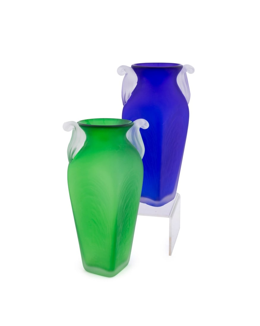 STEVEN NEWELL, 2 ART DECO STYLE STUDIO GLASS VASES (1 of 8)