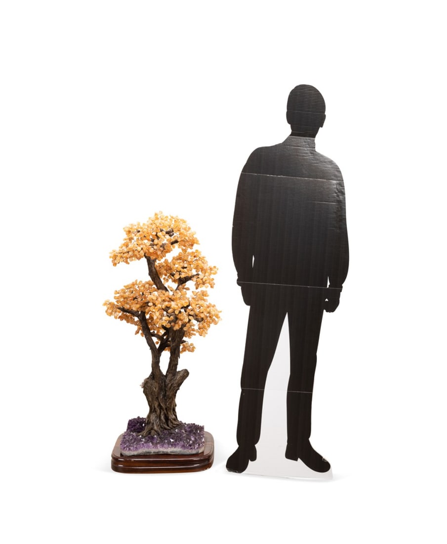 LARGE CITRINE TREE WITH AMETHYST BASE & WOOD STAND: Large faux bois tree with citrine leaf petals and intermixed quartz and amethyst crystals within the trunk, set on an amethyst geode cluster base and sitting on a wheeled wooden stand for ease of move