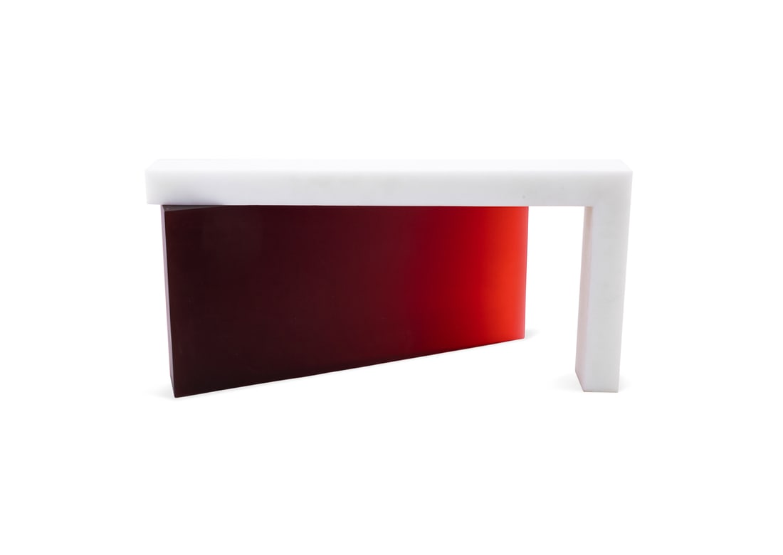 CHICK BUTCHER, 'APERTURE' RED & WHITE CAST GLASS: Charles (Chick) Butcher (Australian, born 1976). "Aperture" - circa 2006, red and white cast glass, signed "Chick" to underside of triangle. Approximate dimensions: white glass h. 13", w. 27.25", d. 3