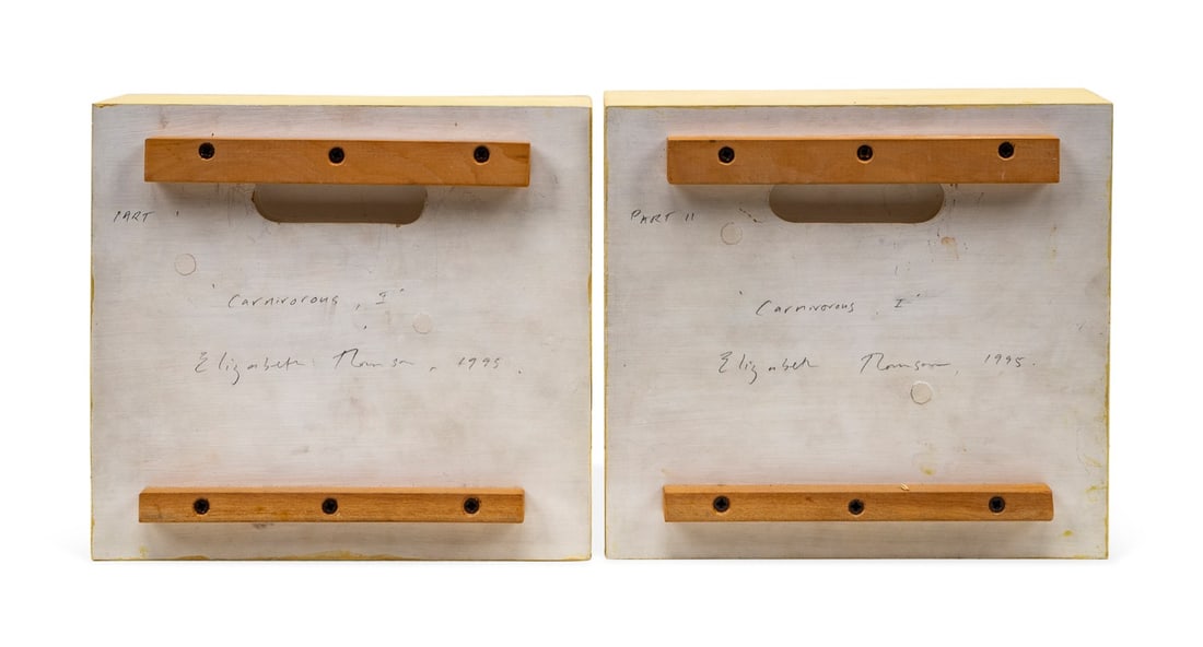 ELIZABETH THOMSON, PART I AND II: 'CARNIVOROUS I': Elizabeth Thomson (New Zealander, born 1955). Part I and II: "Carnivorous I" - 1995, blown glass, carved and painted wood, signed, titled, and dated to the underside in graphite. Approximate dimension