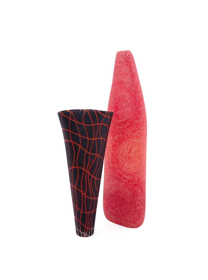 MARK THIELE, TWO ENGRAVED BLACK & RED GLASS VASES (1 of 9)