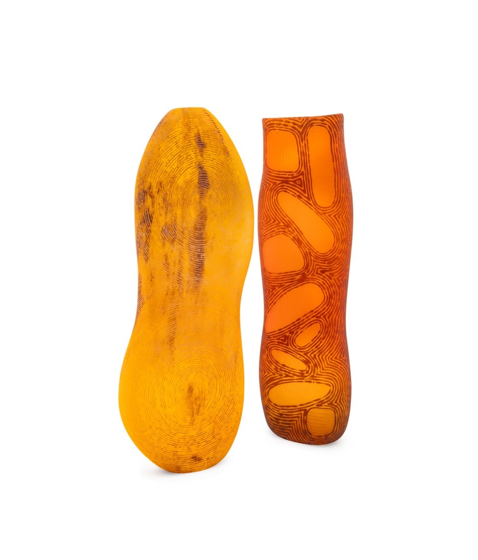 MARK THIELE, TWO FAUX BOIS STUDIO GLASS VESSELS: Mark Thiele (Australian, born 1970). Untitled - Two Faux Bois Patterned Studio Vessels - early 20th century, blown glass with hand engraved overlay, each signed "M. Thiele" to underside. Approximate d