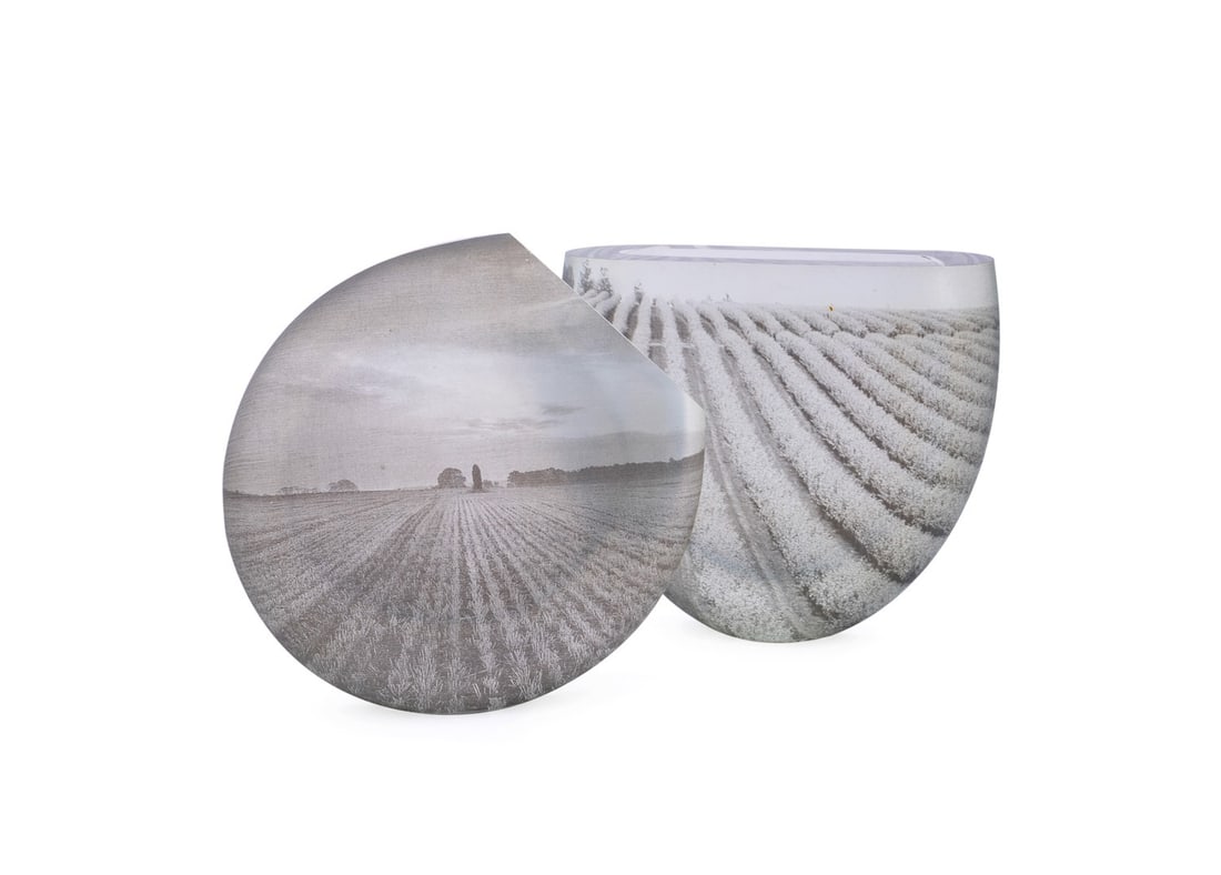 NICOLE AYLIFFE, TWO OPTICAL LANDSCAPE SERIES WORKS: Nicole Ayliffe (Australian, born 1977). Two Pieces From The Optical Landscape Series Including "Vineyard" Vase - circa 2008, blown glass, photographic image, appropriately marked and numbered "001" an