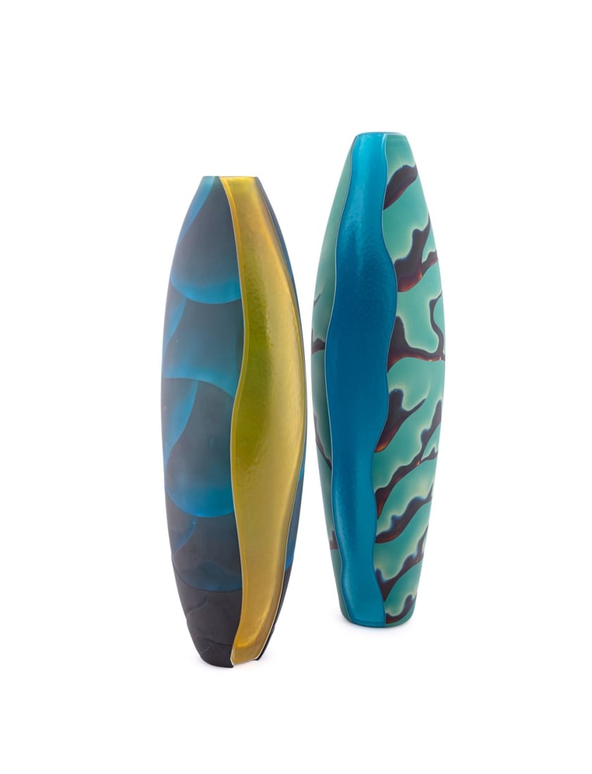 DAVID HAY, 'BIRRADAH' & 'EXPORATION'' VESSELS: David Hay (Australian). Two Studio Glass Vessels. "Birradah" - 2005, layered, blown, cut, and sandblasted glass, signed titled, and dated to the underside. "Exporation'" - 2008, layered, blown, cut, a