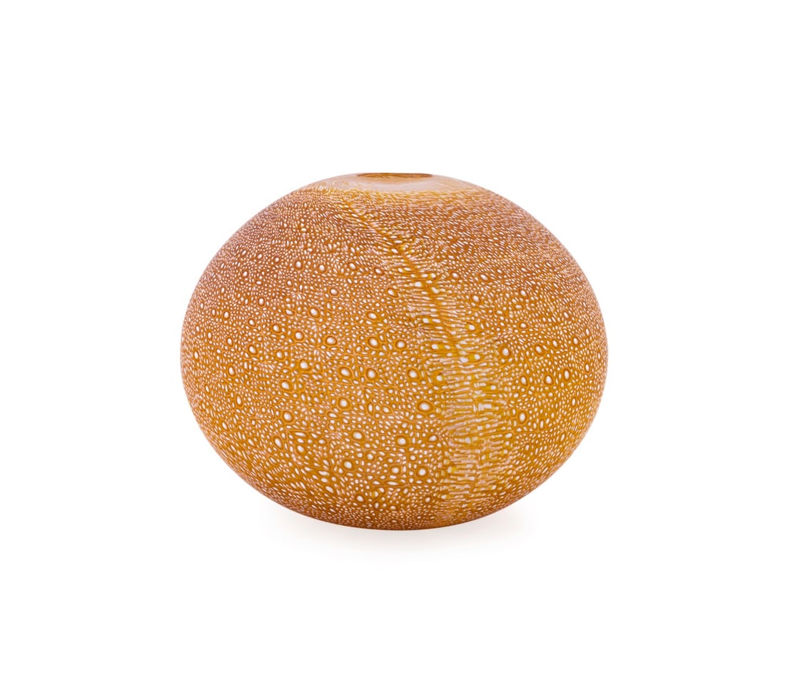 LYNDSAY PATTERSON, LARGE AMBER 'KINA' VASE, 2007: Lyndsay Patterson (New Zealander, 1959-2023). Large "Kina" Vase - 2007, blown amber murrine glass, signed and dated to the underside. Approximate dimensions: h. 9", dia. 11.75".
