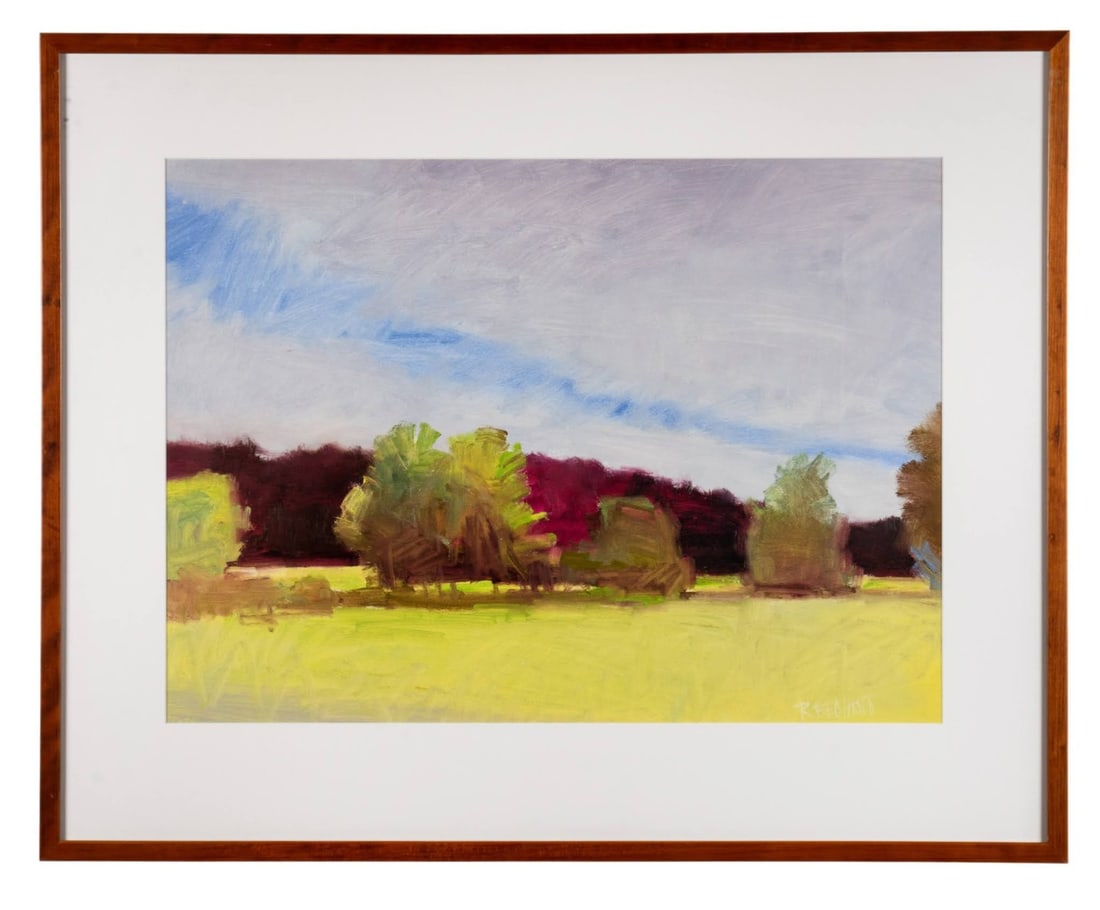 RODGER BECHTOLD, 'LANDSCAPE', OIL ON PAPER: Rodger Bechtold (American, born 1945). "Landscape" - late 20th century, oil on paper, view of a shoreline populated with some foliage, all under a bright blue sky having few clouds, signed "R. Bechtol