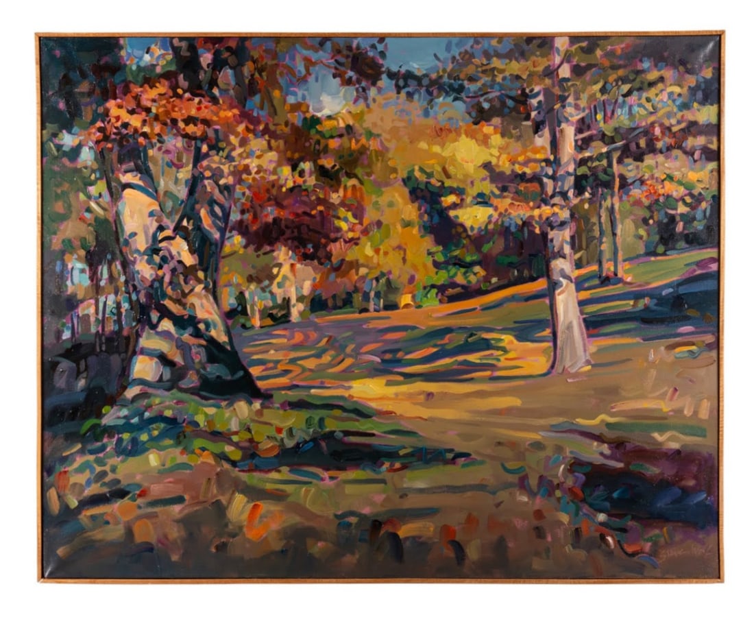 STEVEN WOLF, 'MAYAN TESSERA', OIL ON PAPER: Steven Wolf (American, 20th Century). "Mayan Tessera" - late 20th century, oil on paper, abstract composition with brown, navy blue, teal, purple and sage, signed "S. Wolf" to LR. Framed. 