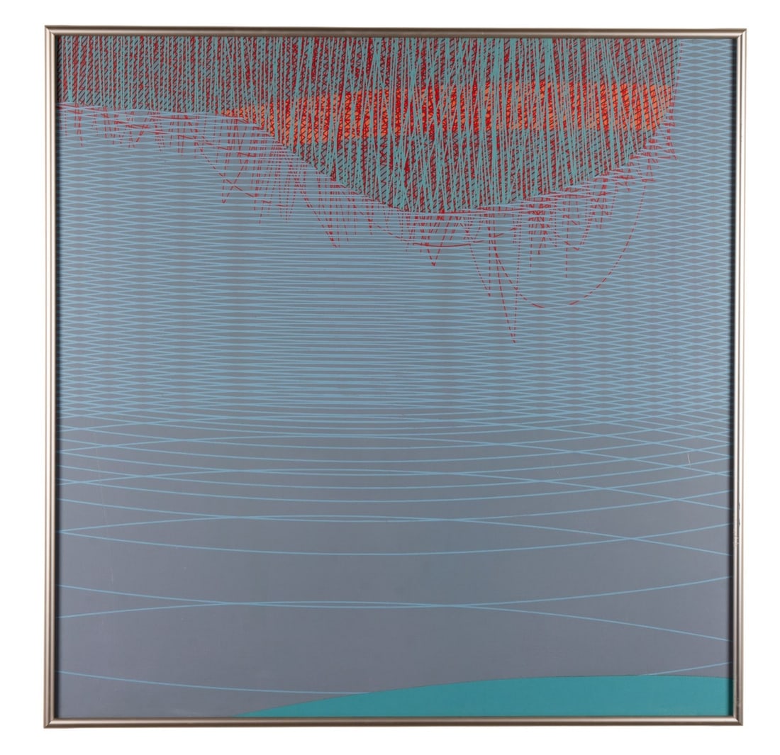 RICHARD KINNAIRD, 'WARM FRONT', OIL ON CANVAS: Richard Kinnaird (American, 1931-2013). "Warm Front" - late 20th century, oil on canvas, abstract composition comprised of circular blue lines overlapping and interrupted by red geometric-form shapes
