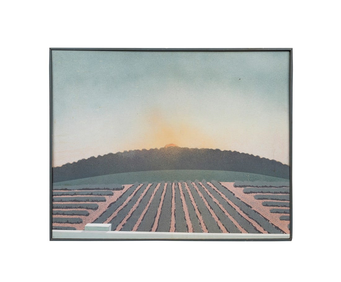 MAUD GATEWOOD 'SUNRISE', 3-D LANDSCAPE, 1980: Maud Florance Gatewood (American, 1934-2004). "Sunrise" three dimensional - 1980, acrylic on stacked masonite, apparently unsigned, label to verso for Heath Gallery Atlanta, GA. Framed. Provenance: