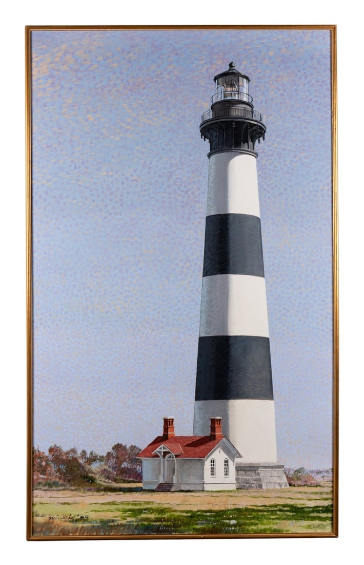 PAUL MINNIS, 'BODIE ISLAND LIGHTHOUSE', 1989, OIL: Paul Minnis (American, 20th / 21st Century). "Bodie Island Lighthouse" - 1989, oil on canvas, black and white striped lighthouse with a adjoining house with a green field in the foreground and set
