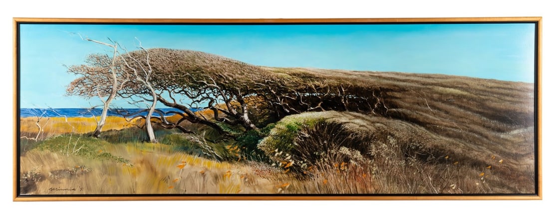 PAUL MINNIS, GRASSLANDS, 1991, OIL ON PANEL: Paul Minnis (American, 20th / 21st Century). Untitled - 1991, oil on panel, grassland environment with a distant view of blue ocean visible at far left and a hill blending into branches and small tree