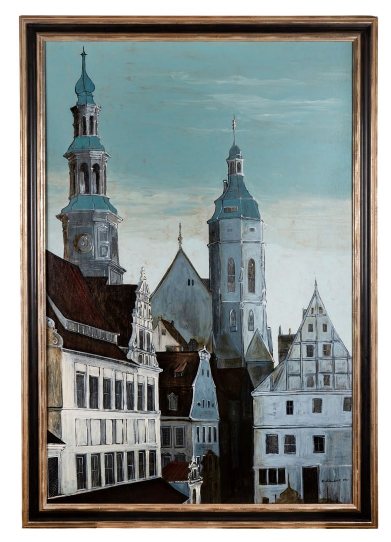 STEPHEN WHITE, EURO CITYSCAPE, 1985, O/B: Stephen White (American (North Carolina), born 1939). Untitled - European Cityscape, 1985, oil on board, signed "Stephen White" and dated to LR.?Framed. Approximate dimensions: image (sight) h. 71.75"