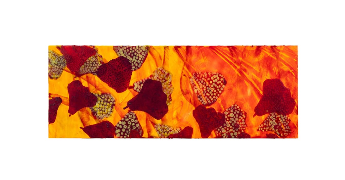 THOMAS SWANSTON, ENCAUSTIC ABSTRACT WITH FRUIT: Thomas Swanston (American, born 1956). Untitled -Fruit Motif Composition - late 20th century, encaustic color on honeycomb aluminum panels, apparently unsigned. Provenance: Private Collection, Atlanta