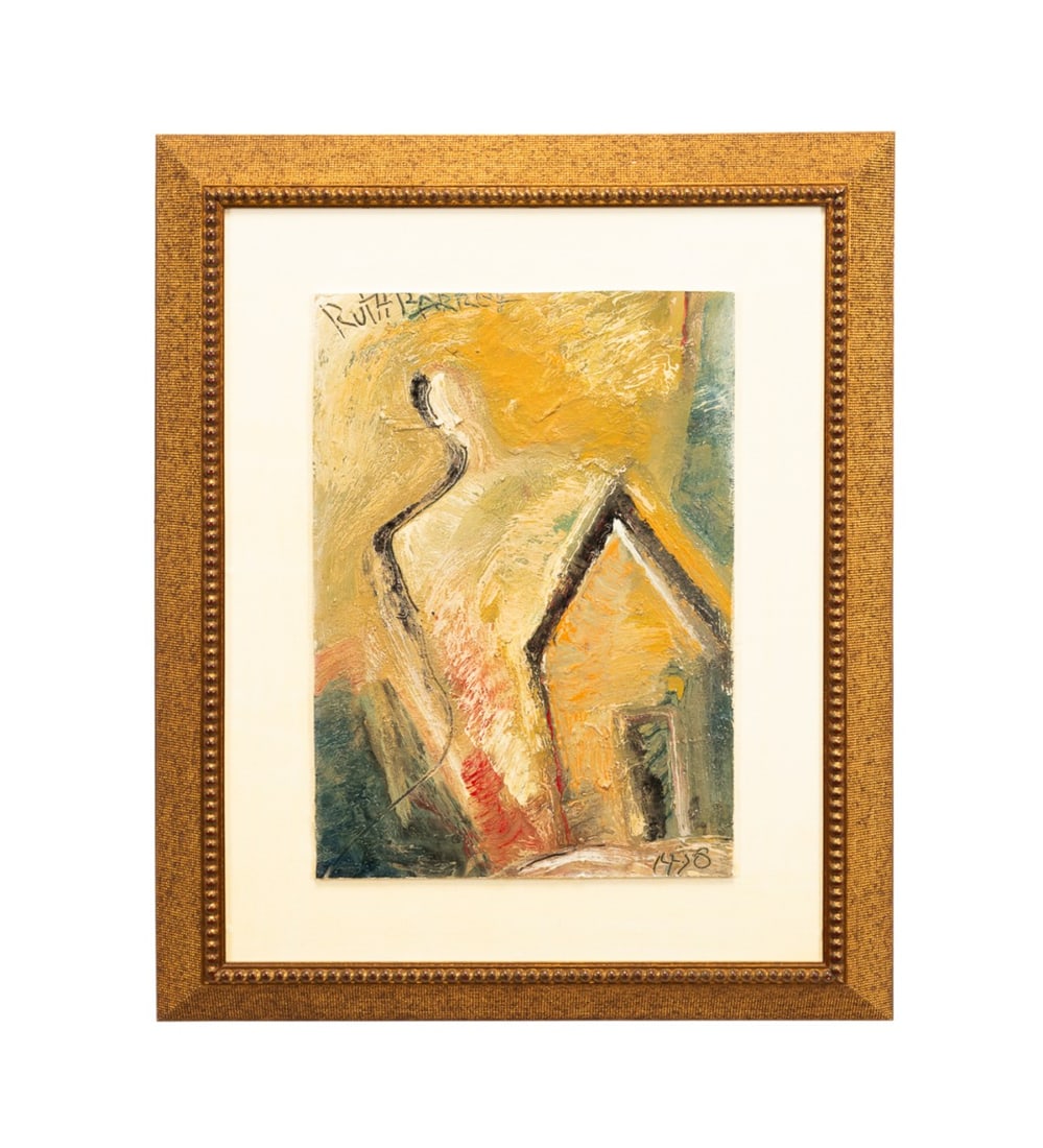 RUTH BARRETT 'HELPING HAND', OIL, 1998: Ruth Barrett (American, 20th century). "Helping Hand" - 1998, oil on board, signed and dated to LR, titled to verso. Framed. Provenance: Private Collection, Dawsonville, GA. Approximate dimensions: im