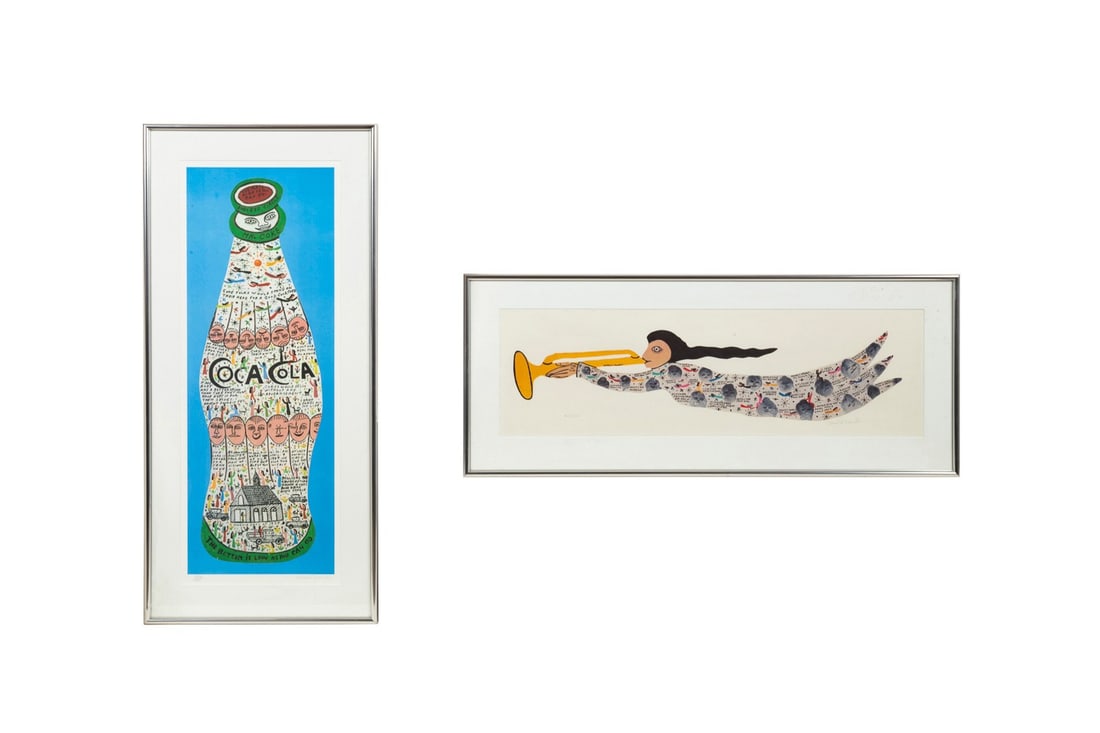 HOWARD FINSTER, TWO LITHOGRAPHS, ANGEL AND COKE: Howard Finster (American / Georgia, 1916-2001). Untitled - Angel, color lithograph on paper, signed in pencil to LR, numbered 412/1000 to LL.; Untitled - Coca Cola Bottle on Blue Background, color lit