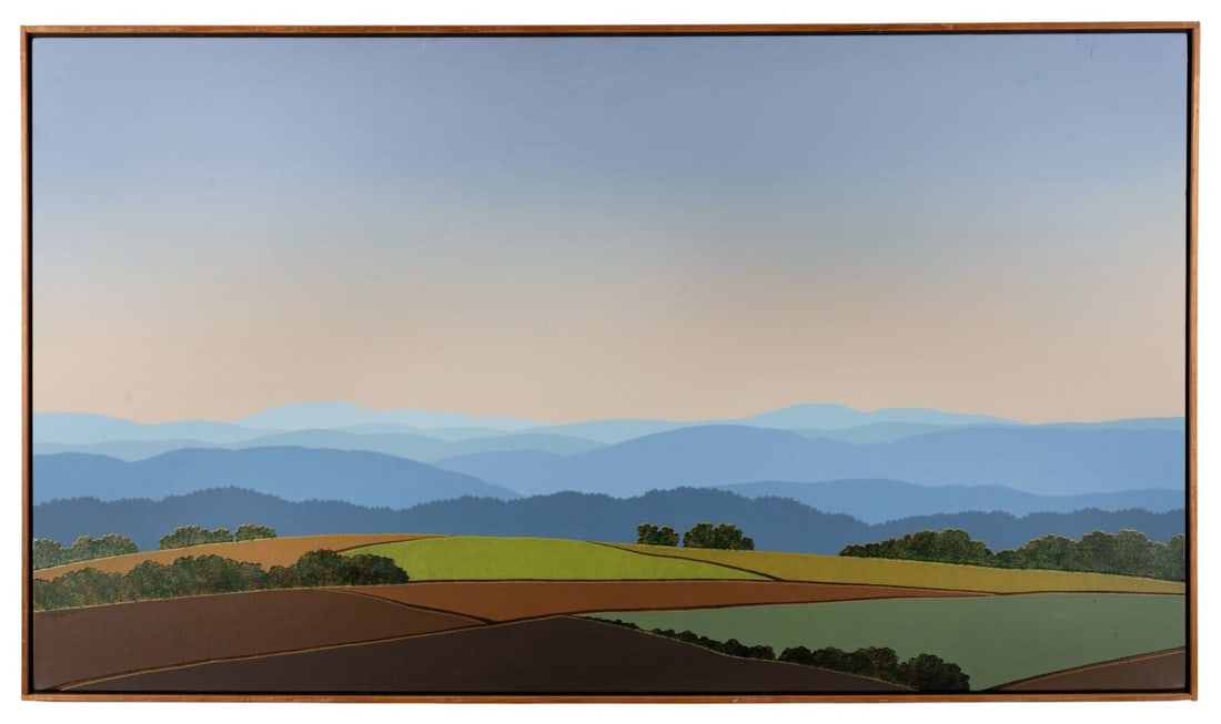 VICTOR HUGGINS, LANDSCAPE, 1984, OIL ON CANVAS: Victor Huggins (American, 1936-2007). Untitled - 1984, oil on canvas, a pastoral patchwork landscape in tones of green, brown, and ochre populated by dark green trees, with distant lavender and blue/g