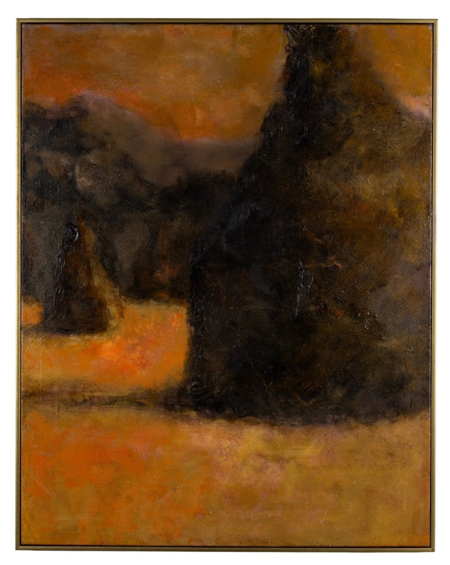 GENEVIEVE COTTER, 'TREES VI', OIL ON CANVAS: Genevieve Cotter (American, 1933-2017). "Trees VI" -late 20th century, oil on canvas, haystacks rendered deep green and brown ochre field, signed and titled to verso. Framed. Approximate dimensions: c