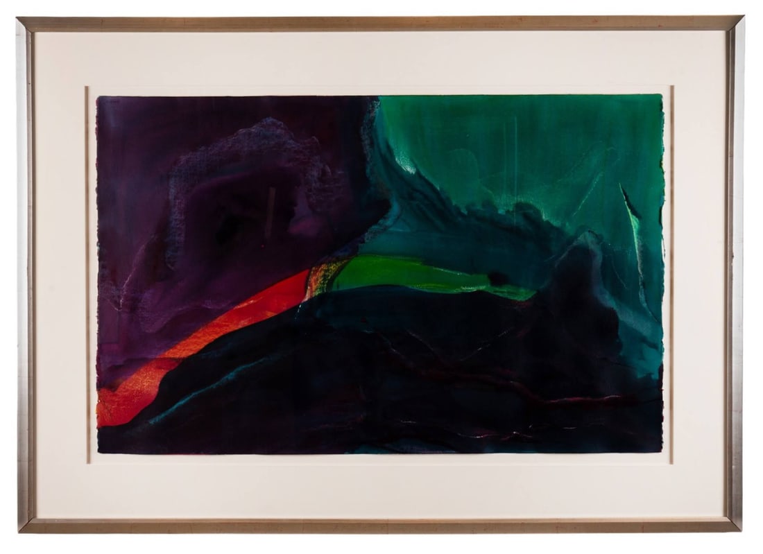 NANCY TUTTLE MAY, ABSTRACT, MIXED MEDIA ON PAPER: Nancy Tuttle May (American, born 1940). Untitled - late 20th century, mixed media on paper, abstracted composition presenting three intersecting patches of color in purple emerging from left, dark blu