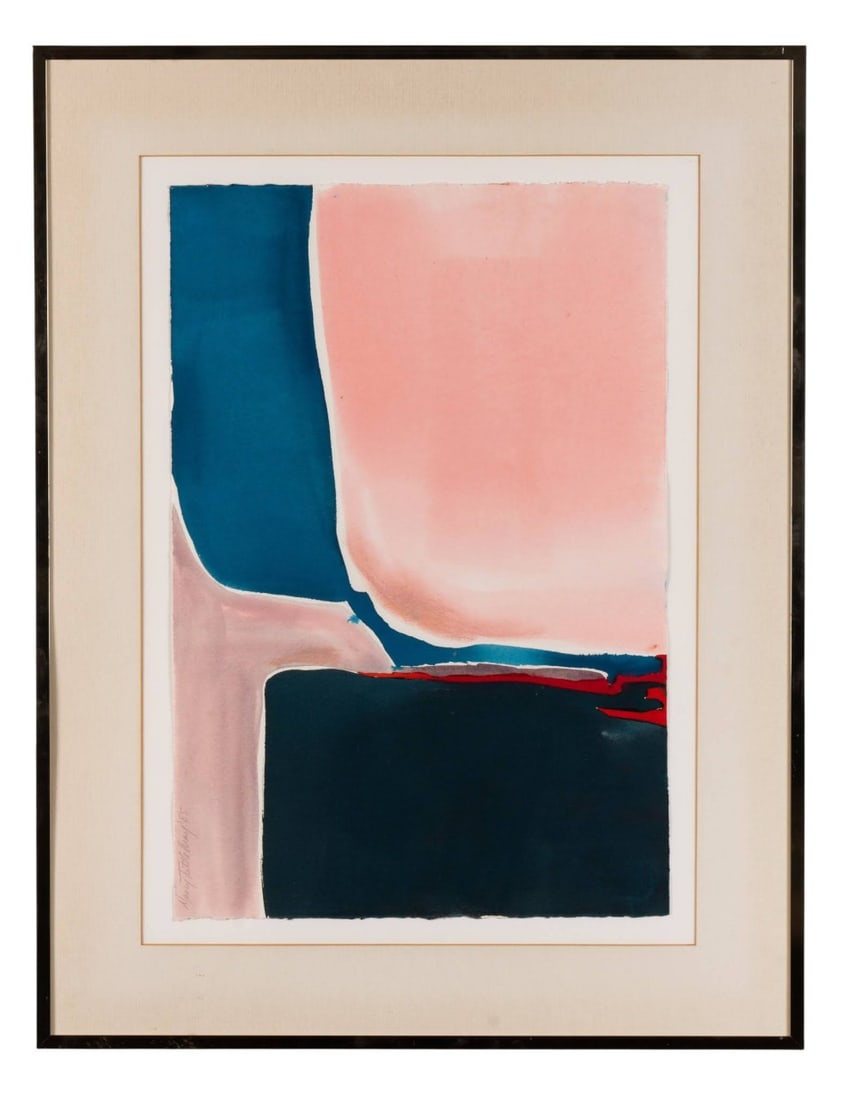 NANCY TUTTLE MAY, 'MAINLINER DIPTYCH', WATERCOLOR: Nancy Tuttle May (American, born 1940). "Mainliner Diptych" - 1985, watercolor on paper, abstract color-field composition comprised of varying organic forms in tones of pale pink, dark blue, and black