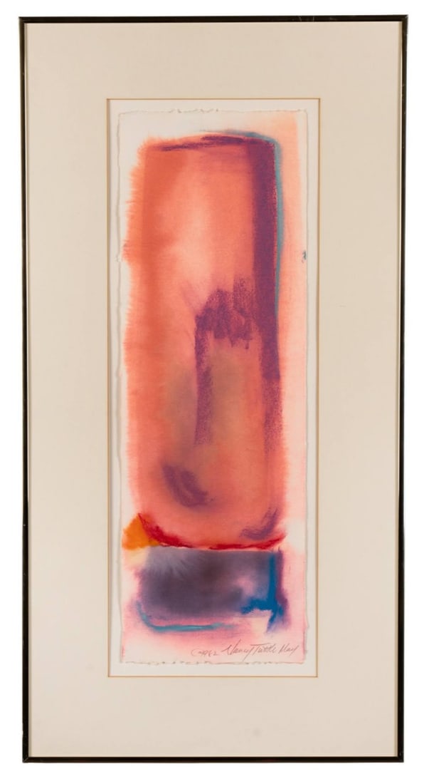 NANCY TUTTLE MAY, COLOR FIELD ABSTRACT, PASTEL: Nancy Tuttle May (American, born 1940). Untitled - 1982, pastel on paper, color field abstraction comprised of translucent forms in tones of red and bright pink, interrupted throughout by purple, blue