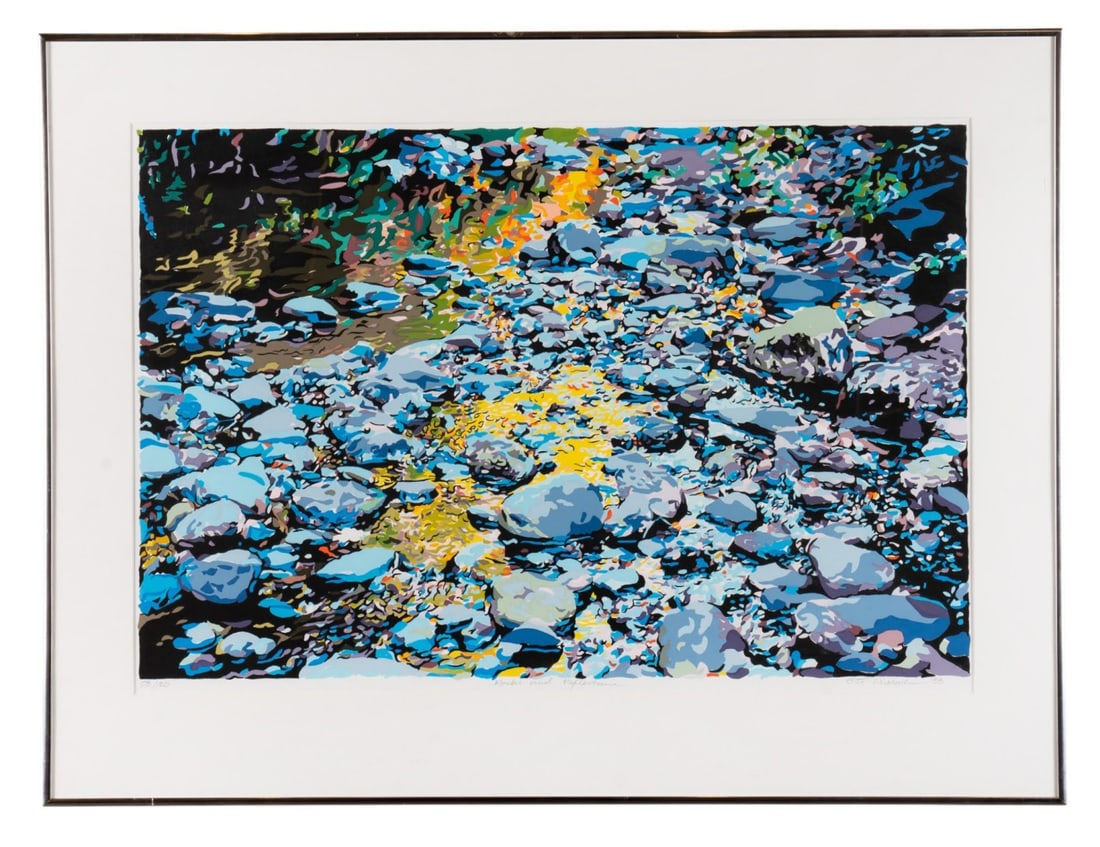 FREDERICK NICHOLS, 'ROCKS AND REFLECTION', 1983: Frederick Nichols (American, born 1948). "Rocks and Reflection" - 1983, silkscreen on paper, shallow water running over rocks and pebbles rendered in tones of blue and grey, with light reflecting atop