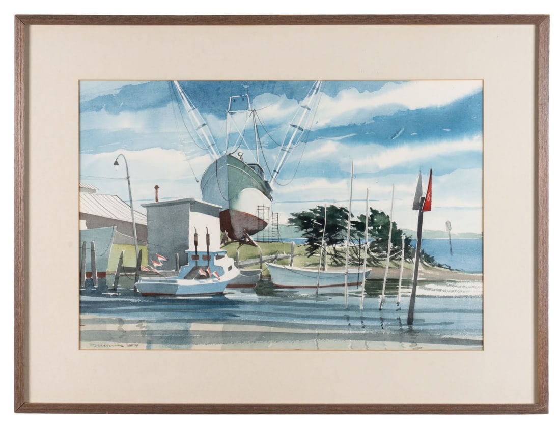 PAUL MINNIS, 'HARKER'S ISLAND', 1984, WATERCOLOR: Paul Minnis (American, 20th / 21st Century). "Harker's Island" - 1984, watercolor on paper, white vessels of varying size resting atop still water beside a dock set against a sky rendered in tones of