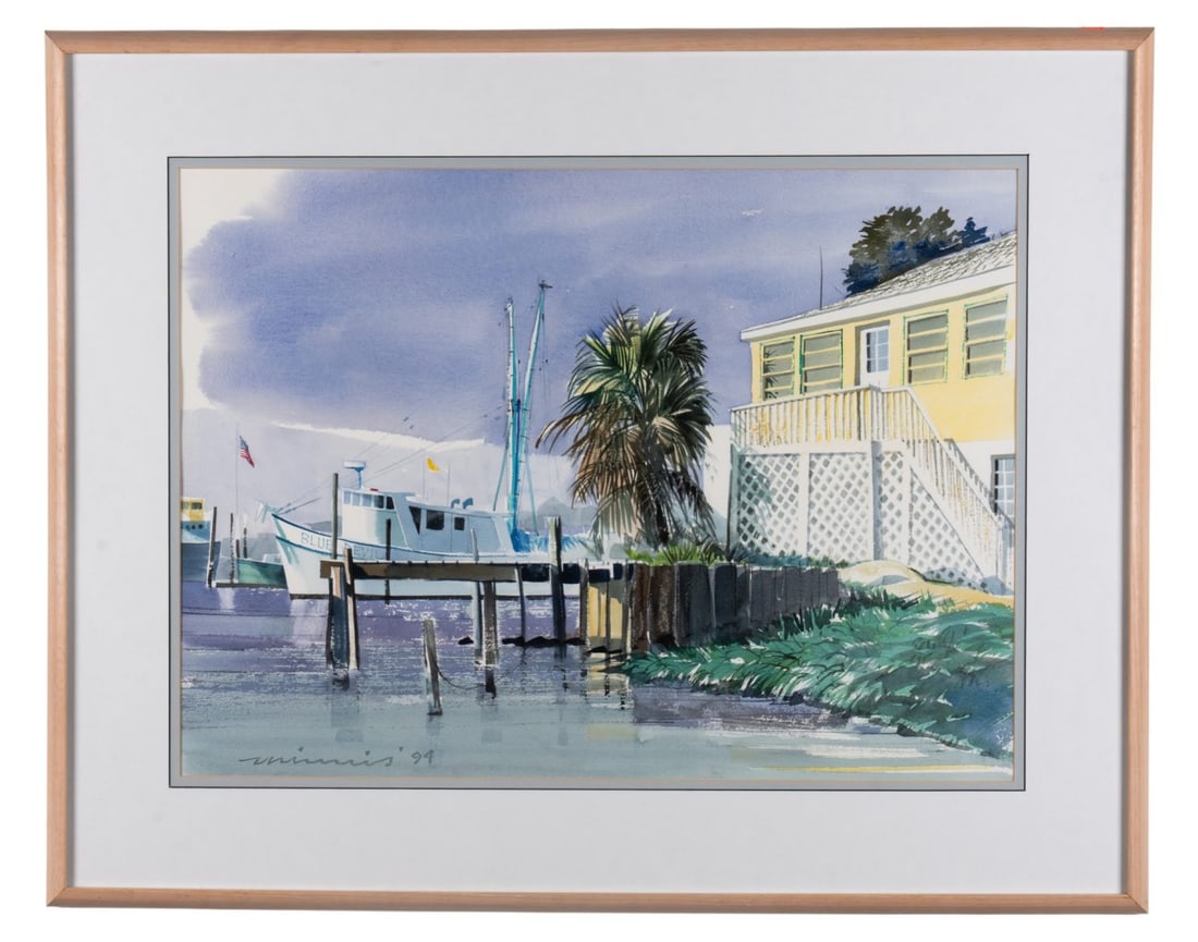 PAUL MINNIS, 'BLUE DEVIL', 1994, WATERCOLOR: Paul Minnis (American, 20th / 21st Century). "Blue Devil" - 1994, watercolor on paper, a coastal landscape depicting a view of a dock with a white boat at the left and a yellow and white house to the