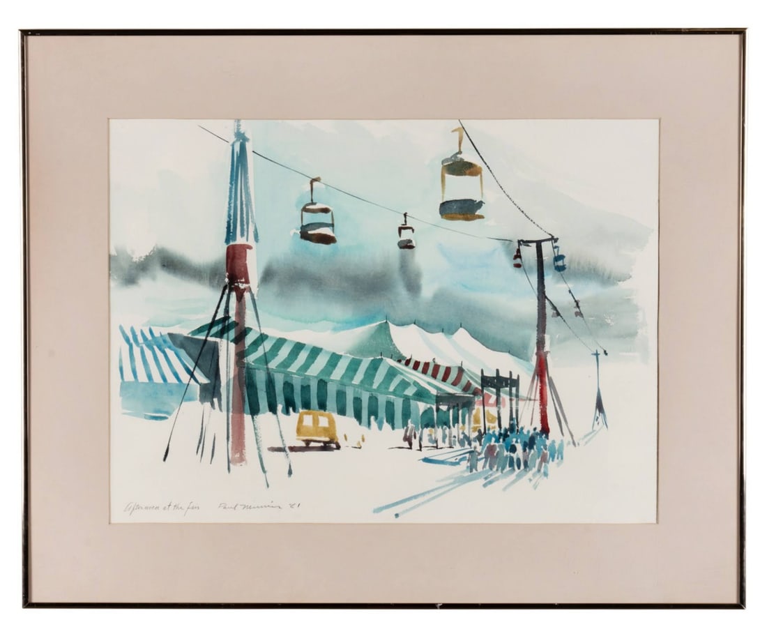 PAUL MINNIS, 'AFTERNOON AT THE FAIR', WATERCOLOR: Paul Minnis (American, 20th / 21st Century). "Afternoon at the Fair" - 1981, watercolor on paper, fair tents rendered in stripes of green, red, and blue on white, populated by numerous figures and cha
