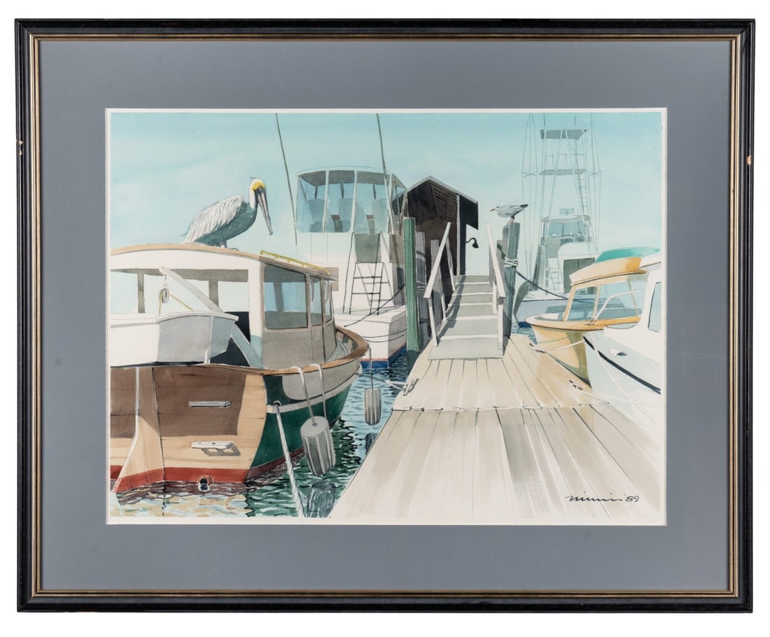 PAUL MINNIS, 'WRIGHTSVILLE BEACH', WATERCOLOR: Paul Minnis (American, 20th / 21st Century). "Wrightsville Beach" - 1989, watercolor on paper, depicting a dock framed by small commercial and leisure boats with pelicans perched atop the dock's woode
