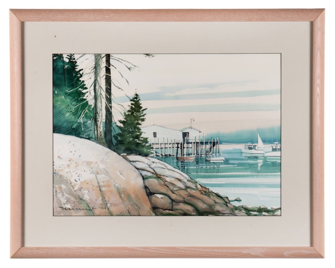 PAUL MINNIS, DOCK SCENE, 1994, WATERCOLOR: Paul Minnis (American, 20th / 21st Century). Untitled - 1994, watercolor on paper, dock rendered in white tones with one figure wearing red visible, with some white vessels visible and a rocky-form sh