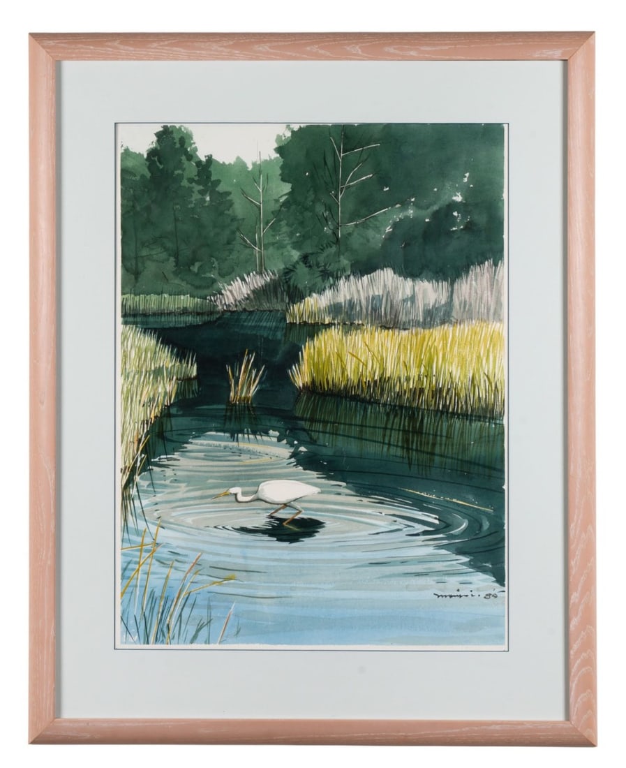 PAUL MINNIS, HERON IN POND, 1989, WATERCOLOR (1 of 6)