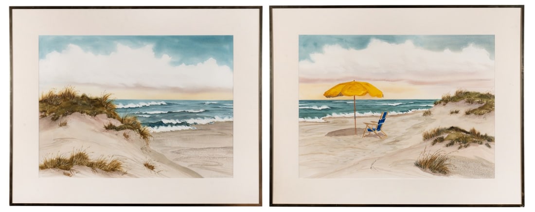 NANCY TUTTLE MAY, 'BEACH WITH UMBRELLA' DIPTYCH WC: Nancy Tuttle May (American, born 1940). "Beach Umbrella Diptych" - late 20th century, watercolor on paper, depicting a sand dune with scattered grasses before an ocean with crashing waves, transitioni