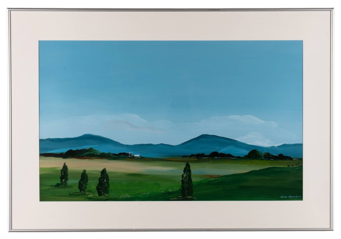 BOB RANKIN, 'SHENANDOAH VALLEY SCAPE', ACRYLIC: Bob Rankin (American, 20th / 21st Century). "Shenandoah Valley Scape" - late 20th century, acrylic on paper, field of light green grass populated by dark green trees with blue-grey mountains and a lig