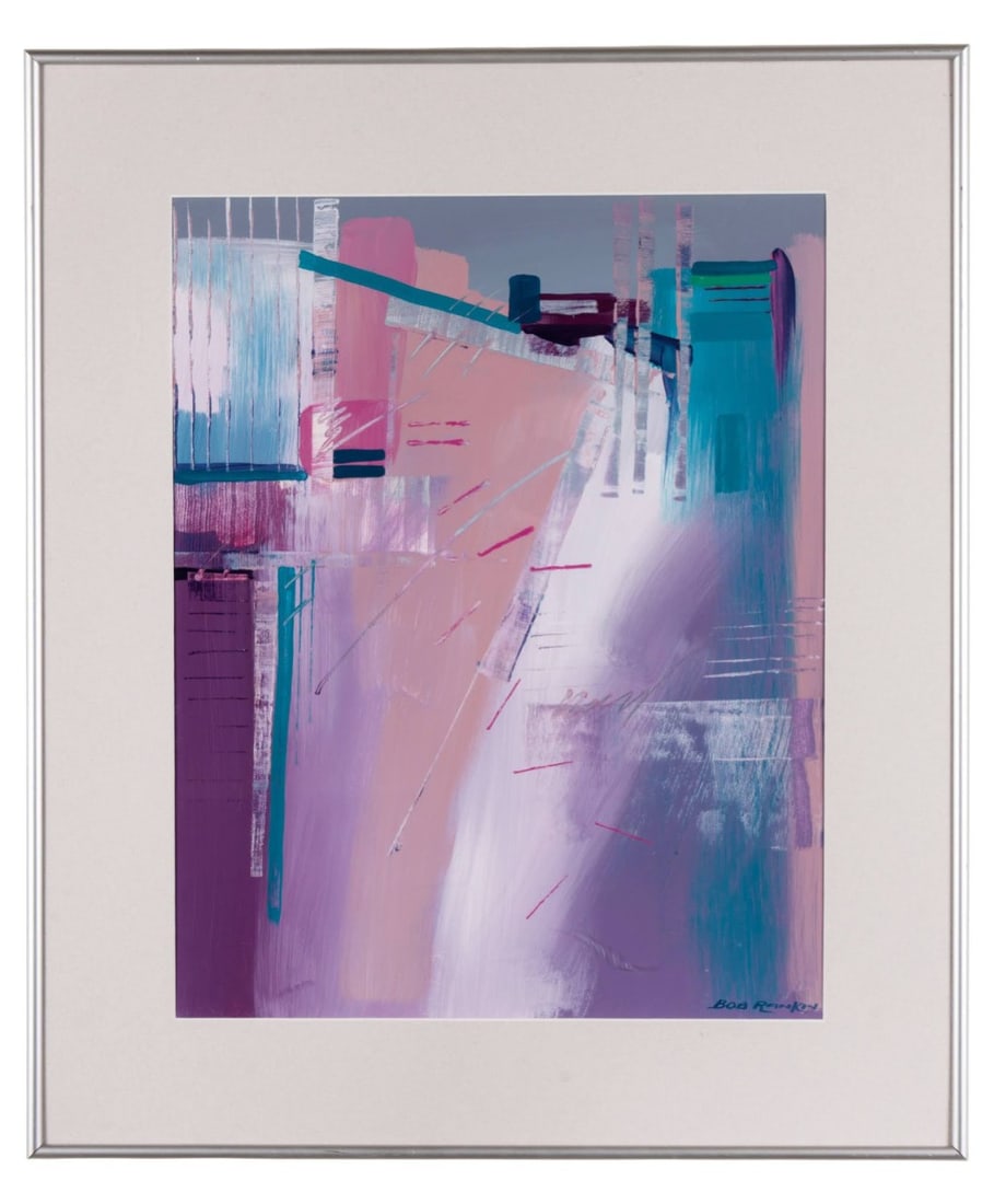 BOB RANKIN, COLOR FIELD ABSTRACT, ACRYLIC ON PAPER: Bob Rankin (American, 20th / 21st Century). Untitled - late 20th century, acrylic on paper, abstracted composition in pastel tones, with dominant colors being pink, lavender, and blue, with white, hot