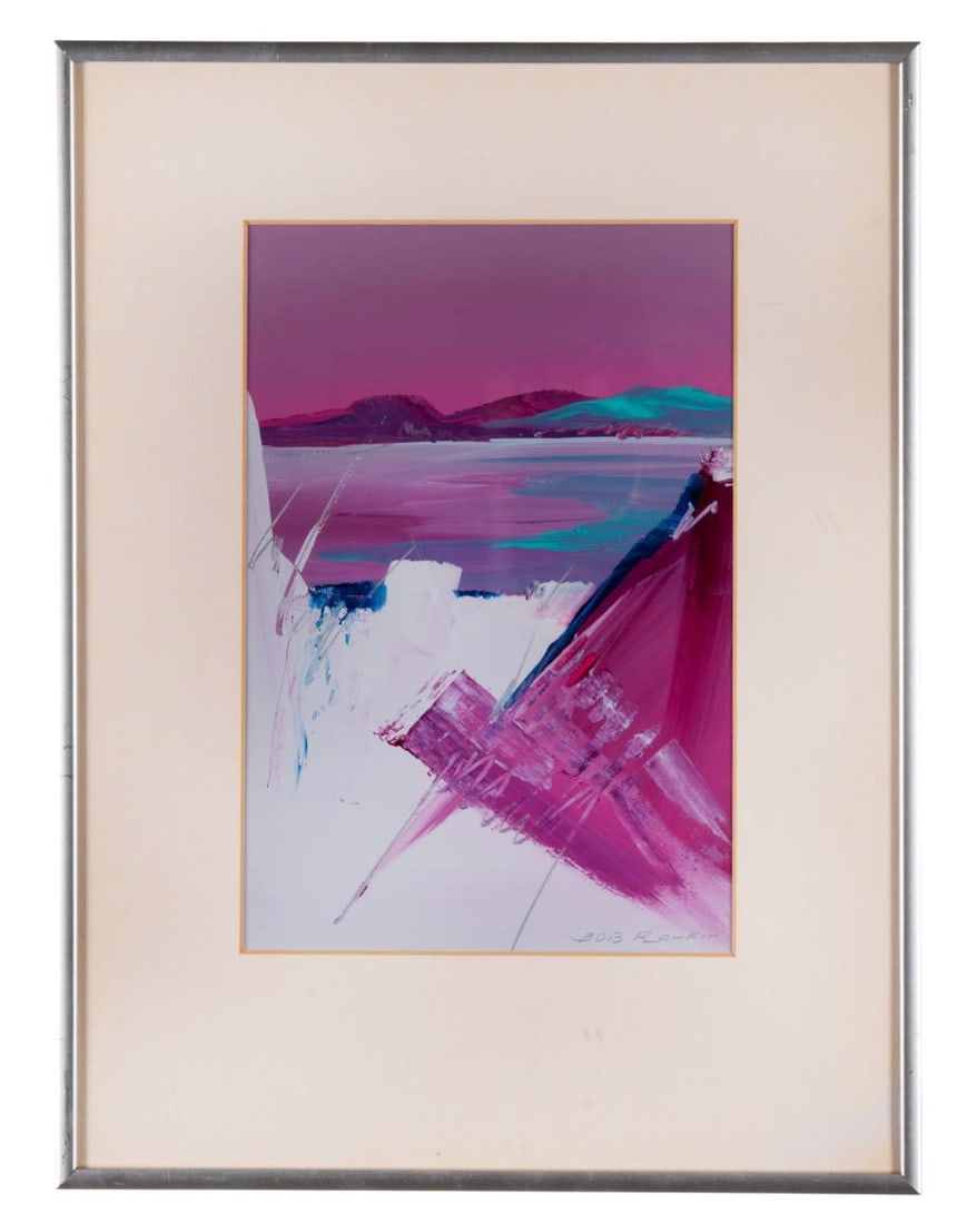 BOB RANKIN, ABSTRACT LANDSCAPE, ACRYLIC: Bob Rankin (American, 20th / 21st Century). Untitled - late 20th century, acrylic on paper, abstracted mountainous landscape in tones of bright magenta and teal, with a significant field of white to l