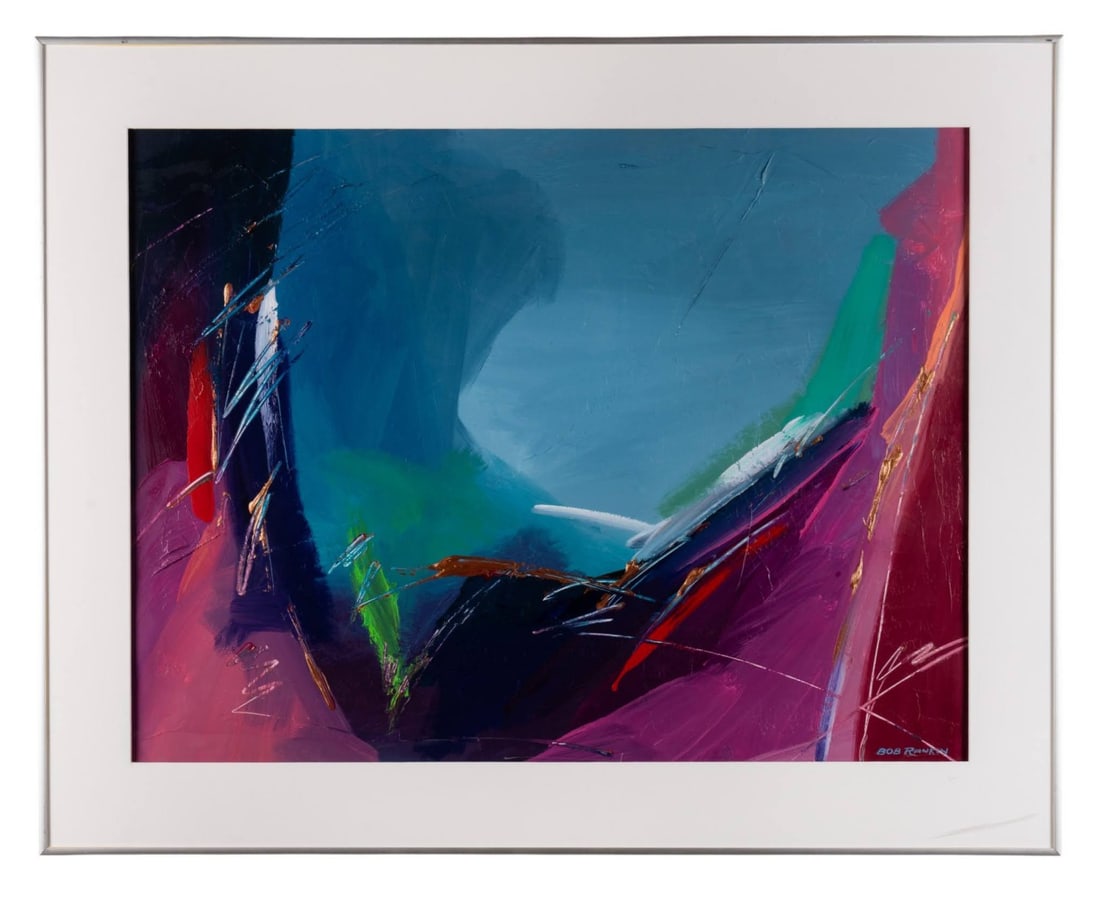 BOB RANKIN, GESTURAL ABSTRACT, ACRYLIC: Bob Rankin (American, 20th / 21st Century). Untitled - late 20th century, acrylic on paper, abstraction rendered in tones of light blue, magenta, pink, orange, green, white, red, and purple, signed "B
