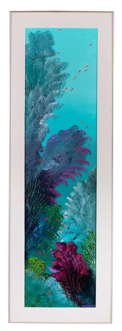 BOB RANKIN, UNDERWATER LANDSCAPE, ACRYLIC: Bob Rankin (American, 20th / 21st Century). Untitled - late 20th century, acrylic on paper, coral reef rendered in bright colors emerges from left, populated throughout by orange goldfish set within t