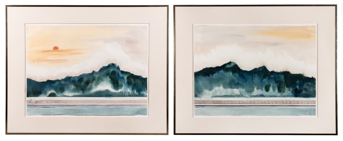 NANCY TUTTLE MAY, 'OCEAN DIPTYCH', WATERCOLOR: Nancy Tuttle May (American, B. 1940). "Ocean Diptych" - Late 20th Century, watercolor on paper, depicting crashing waves with white foam to its crest, before a pale pink and yellow sky, transitioning