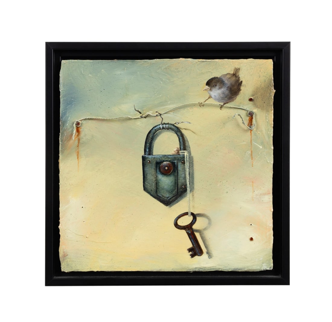 WANDA STEPPE, 'LOCK', 2011, OIL ON WOOD BLOCK: Wanda Steppe (American (South Carolina), 20th-21st century). "Lock" - 2011, oil on wood block, signed "Wanda Steppe", dated, and titled to verso. Framed. Approximate dimensions: wood block h. 10.625",